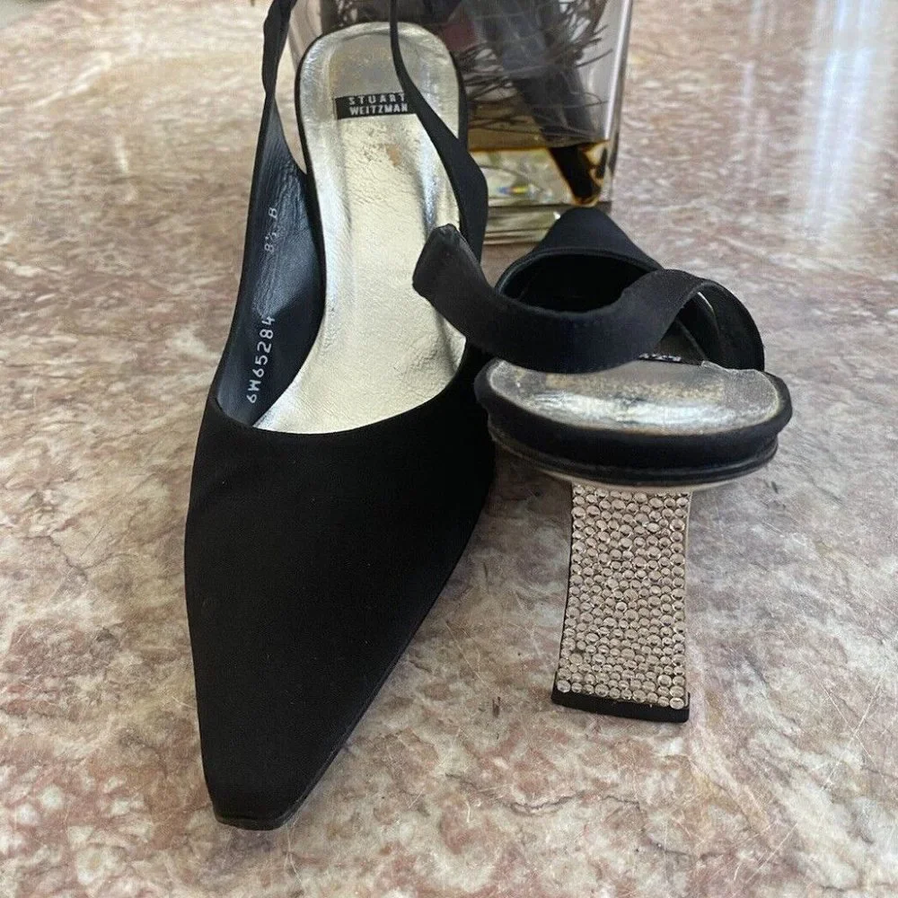 STUART WEITZMAN Black Satin Slingback Rhinestone Heel Pumps shoe stylish